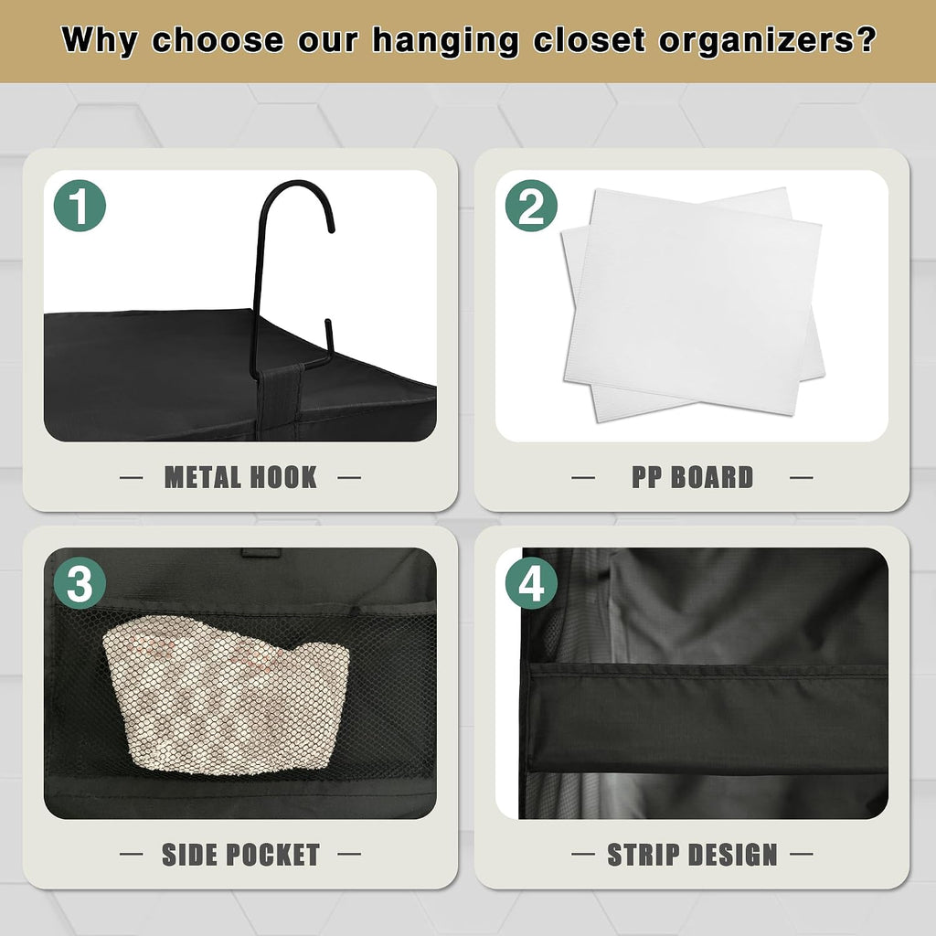 3-Shelf Hanging Closet Organizer, Washable Foldable Storage Shelves, Black