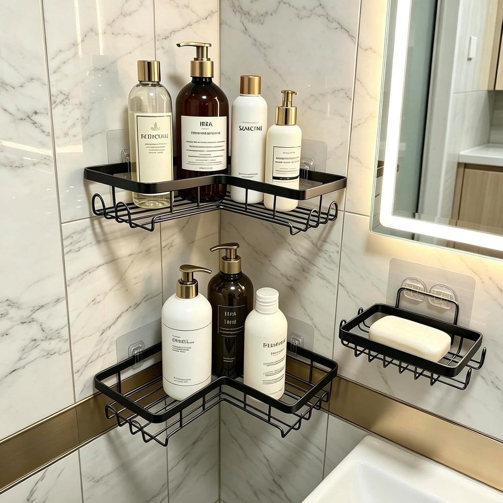 Shower Caddy 3 Pack, No Drilling Adhesive Bathroom Organizer Shelf Rack, Corner Shower Shelf with Hooks for Home Decor & Storage