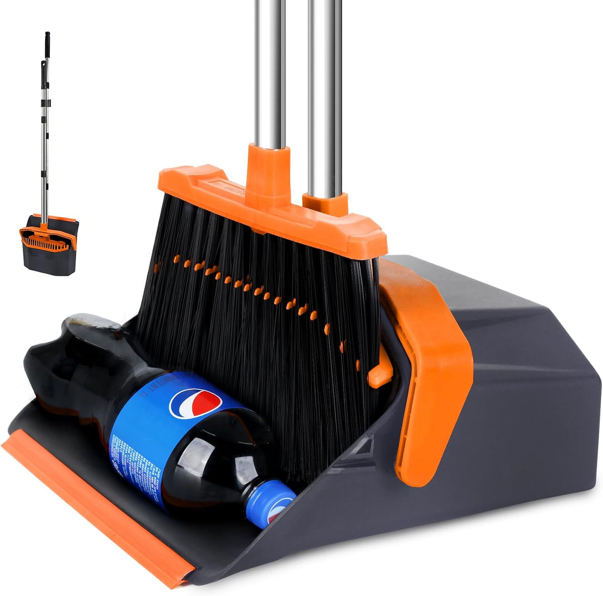 Broom and Dustpan Set for Home, 51" Long Handle Standing Pan Grey Orange