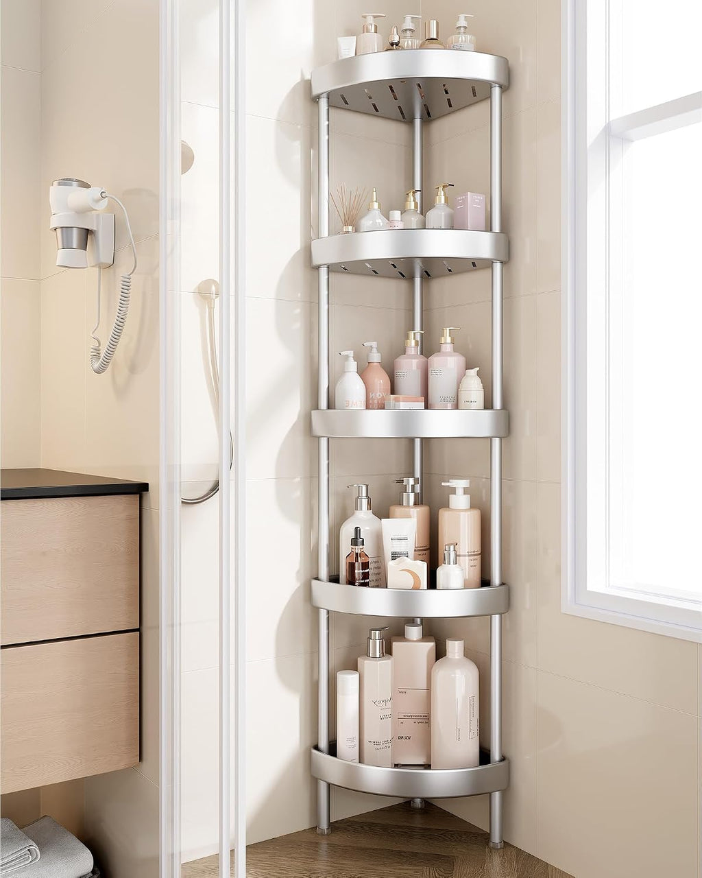 Nieifi 5 Tier Aluminum Corner Shower Caddy Standing-Rustproof-Silver