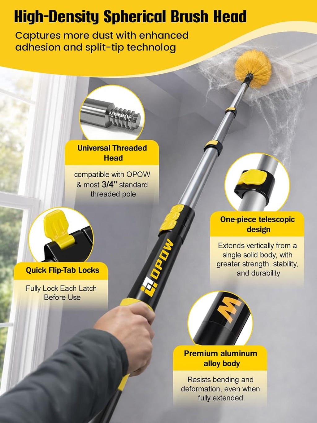 30ft High Reach Cobweb Duster with 6-24ft Extension Pole and 2 Brush Heads