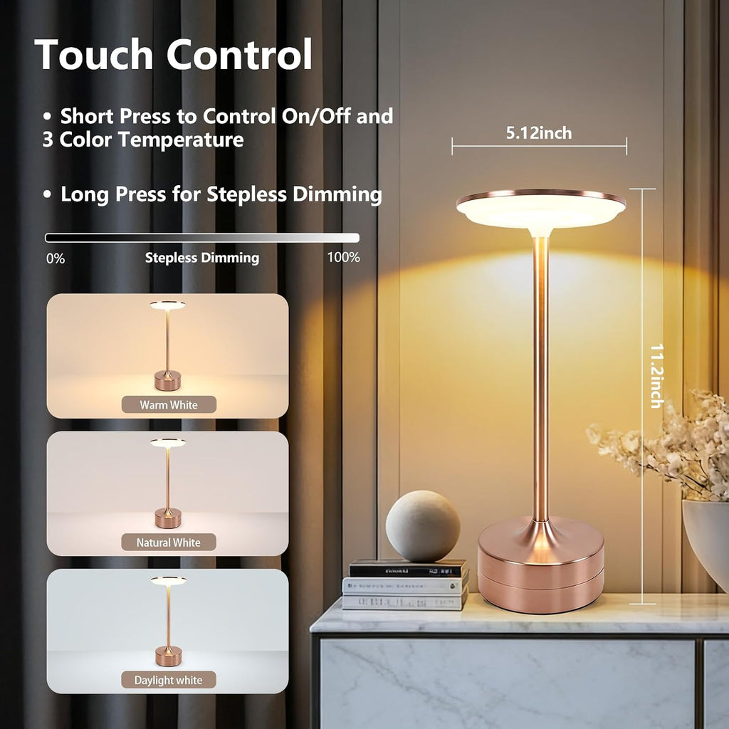 Small Table Lamp, Portable Metal Table Lamp, Cordless Rechargeable Table Lamp , 3 Color Stepless Dimmable Atmosphere Table Lamps for Patio, Camping, Coffee table decor lamp for Indoor/Outdoo(Rose)