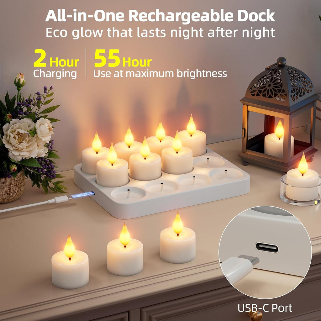 Rechargeable Flameless Tea Lights Candles with Remote Charging Base 12Pcs