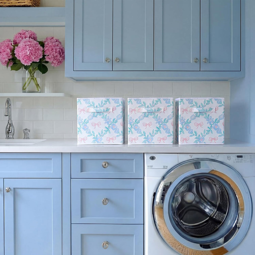 Geelin 6 Pcs Blue Floral Bow Cube Storage Bins 11 Inch Storage Basket