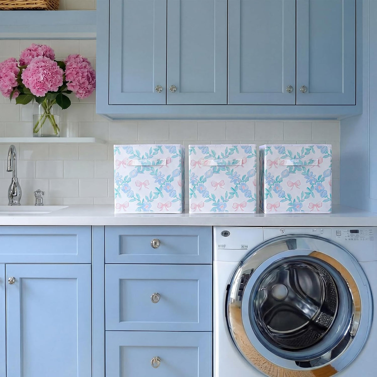 Geelin 6 Pcs Blue Floral Bow Cube Storage Bins 11 Inch Storage Basket