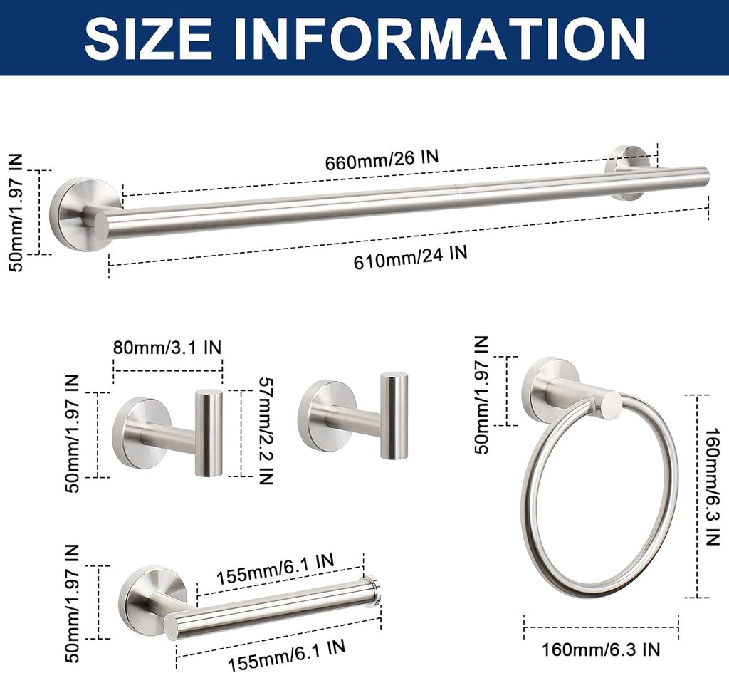 NearMoon 20 Pieces Bathroom Hardware Set SUS304 Thicken Stainless Steel-Towel Rack Kit Include 26" Towel Rod + Bath Towel Ring + Toilet Paper Holder + Robe Towel Hooks Bath Accessories (Nickel)