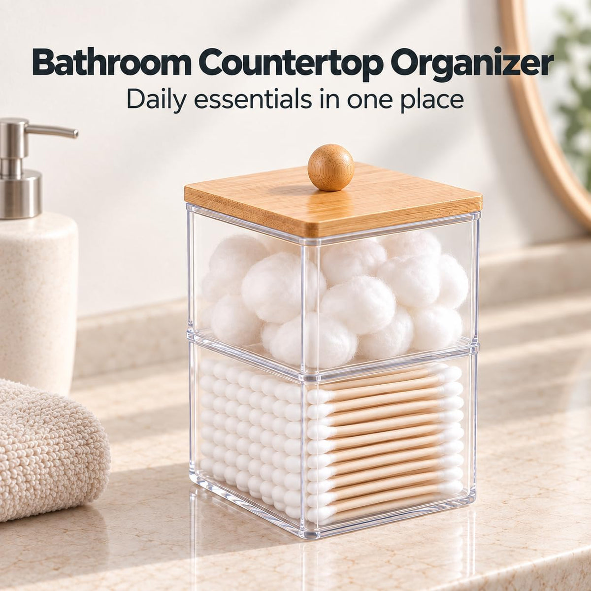 Cotton Ball Holder, Bamboo Lid, Double Layer, Stackable