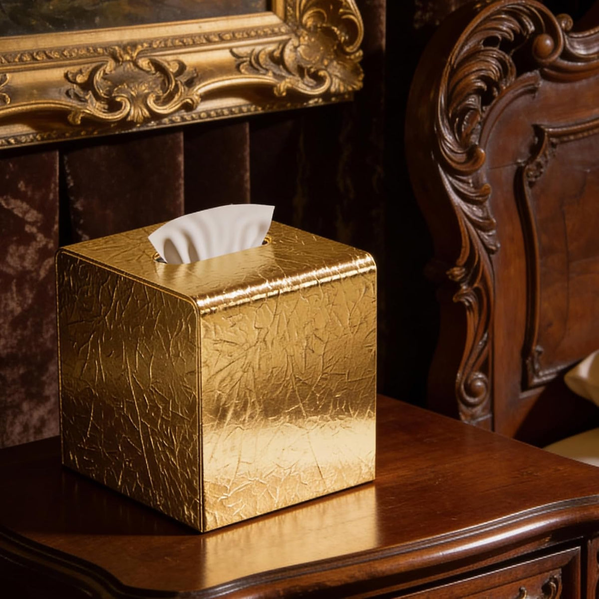 Gold Tissue Box Cover,Tissue Box Holder with Magnetic Bottom, Decorative Tissue Box for Vanity Toilet Tank Dresser Night Stand Table Countertop Office Car