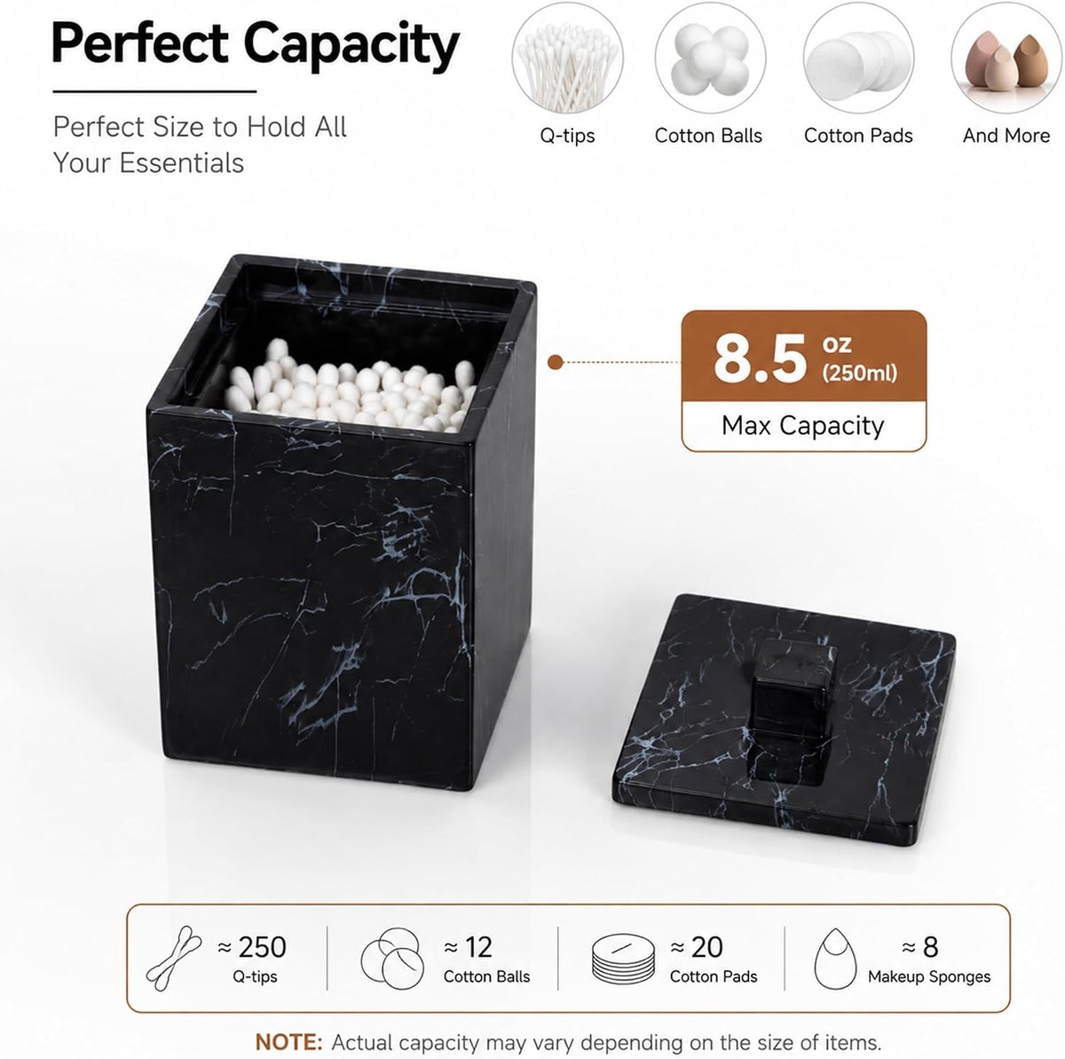 2-Pack Marble Pattern Cotton Swab Holders with Lids, Resin Bathroom Vanity Storage Jars, Square Qtip Containers for Cotton Balls, Pads, and More (Black)