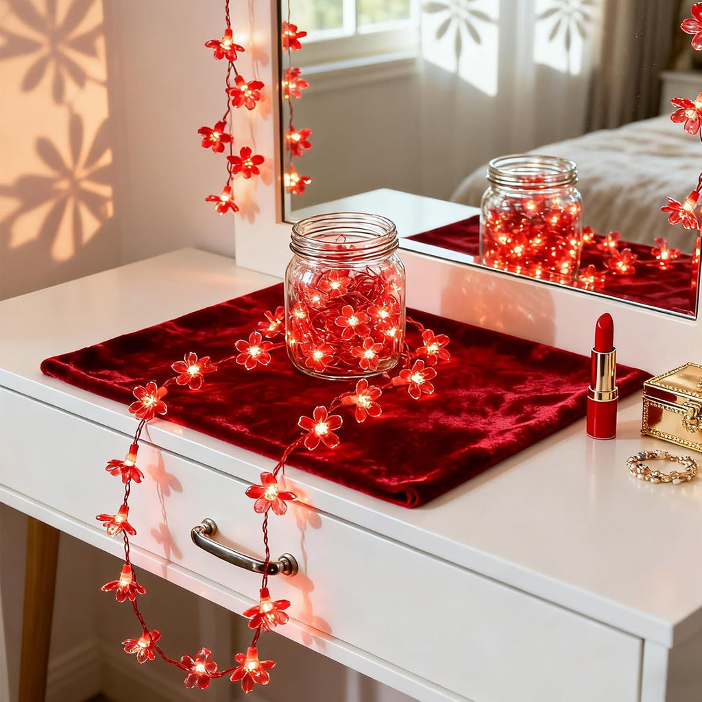 30 LED Red Flower Fairy Lights, Battery/USB Operated, Romantic Floral Decor