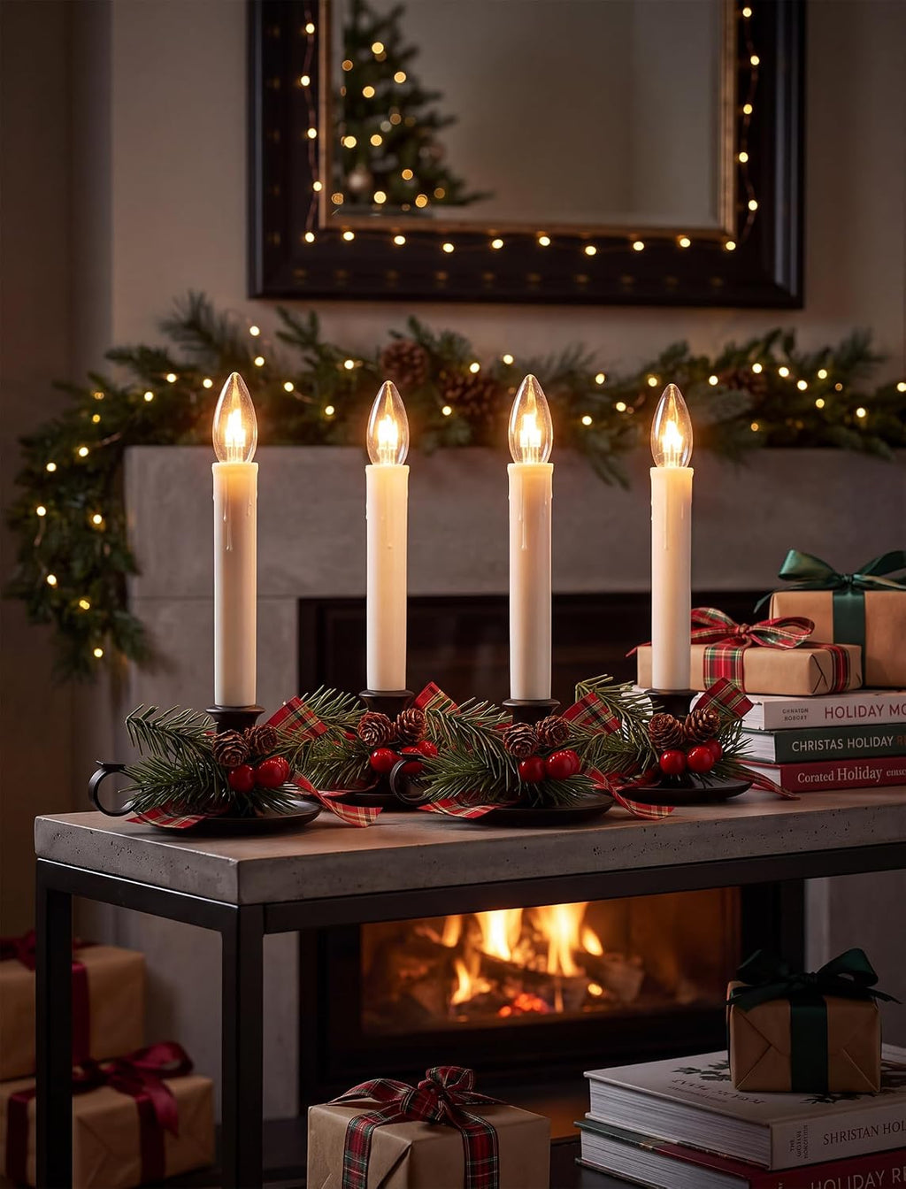 4PK Christmtas Window Candle Light, 10" LED Antique Black Candlestick