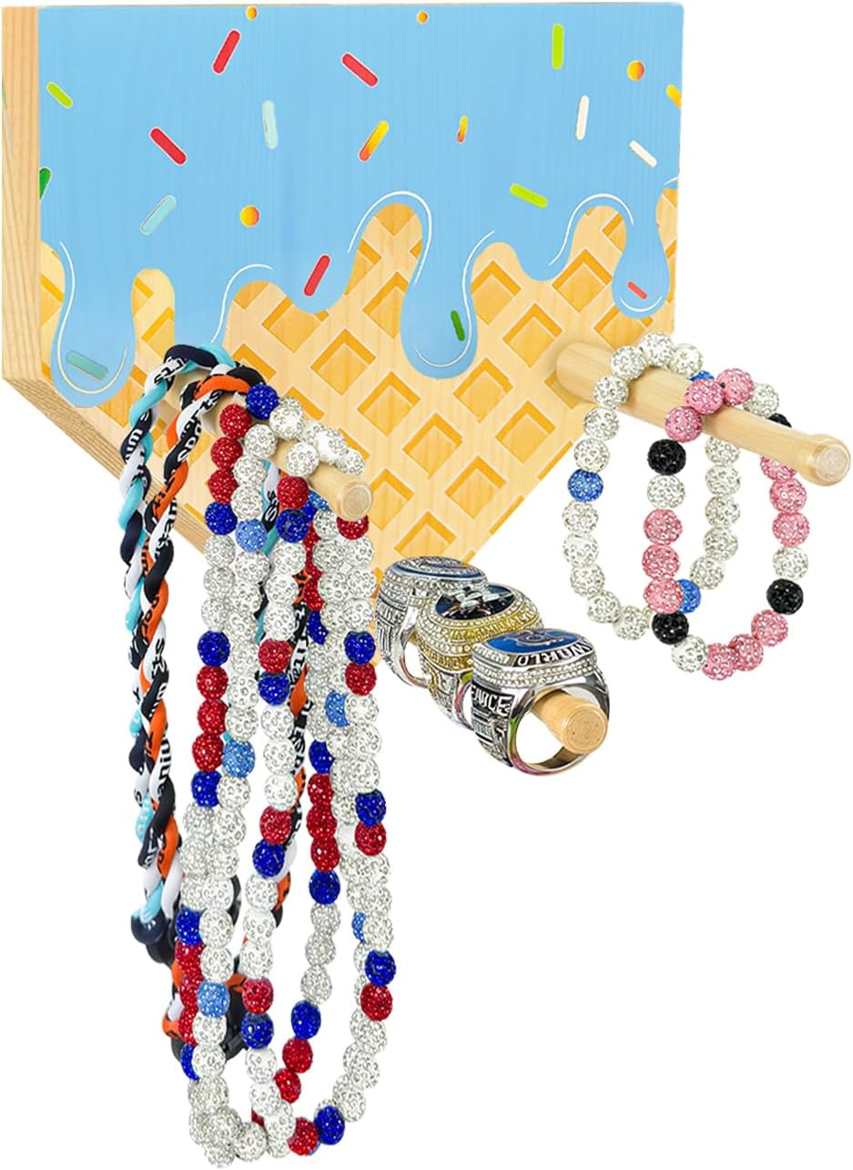 Ice Cream Drip Baseball Wooden Necklace Organizer Holder,Sports Ring Holder