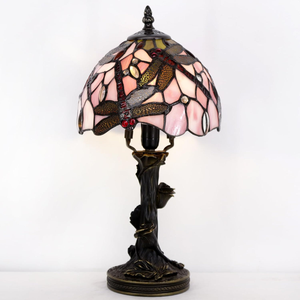 Small Tiffany Table Lamp Pink Dragonfly Style Stained Glass Desk Lamp