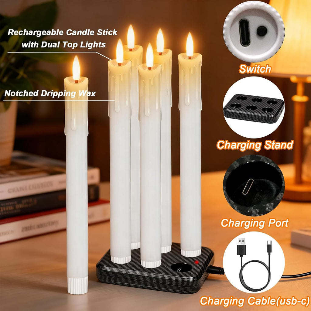 Rechargeable Flameless Taper Candles with Charging Base, White