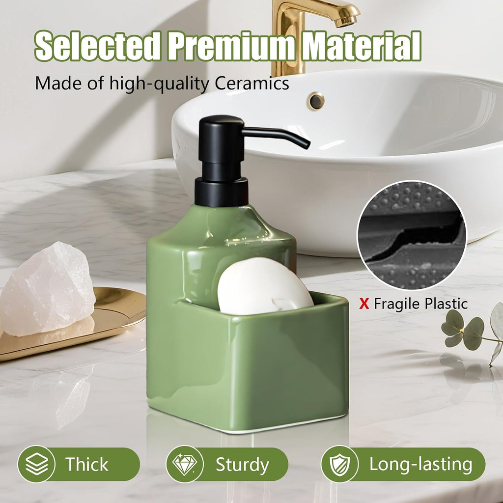 Gets Soap Dispenser Green Ceramic Pump Bottle with Storage Holder