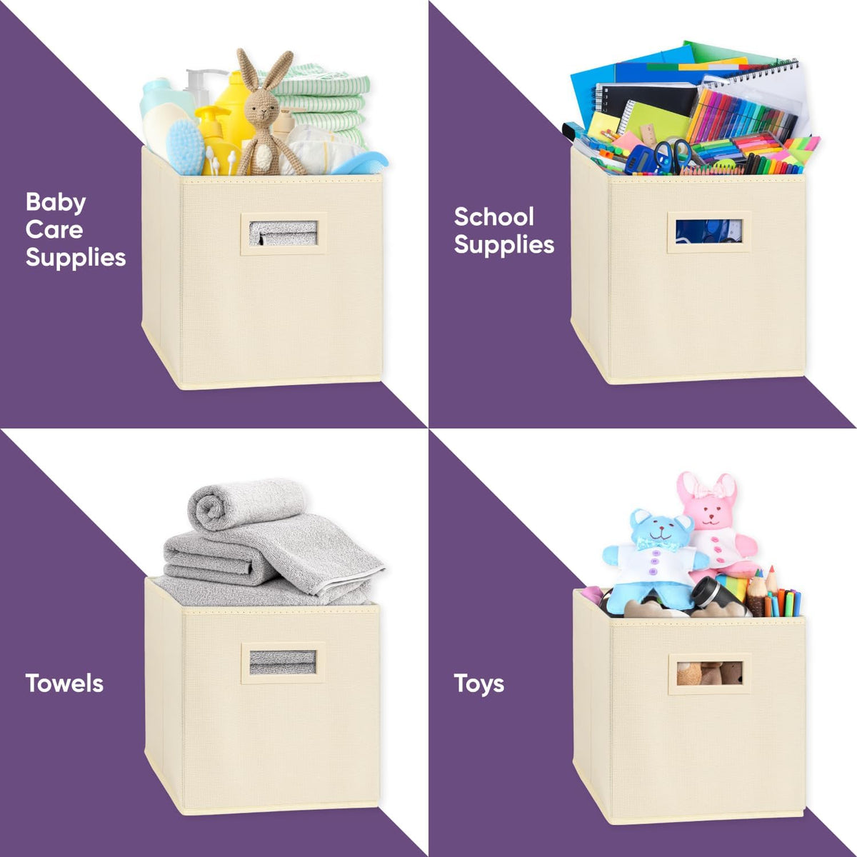 Superio Fabric Storage Basket for Shelves, Cube Bin for Cubby, 10.75 x 10.75 Foldable Open Storage Bin, Decorative Bin Organizer with Handle, Ivory