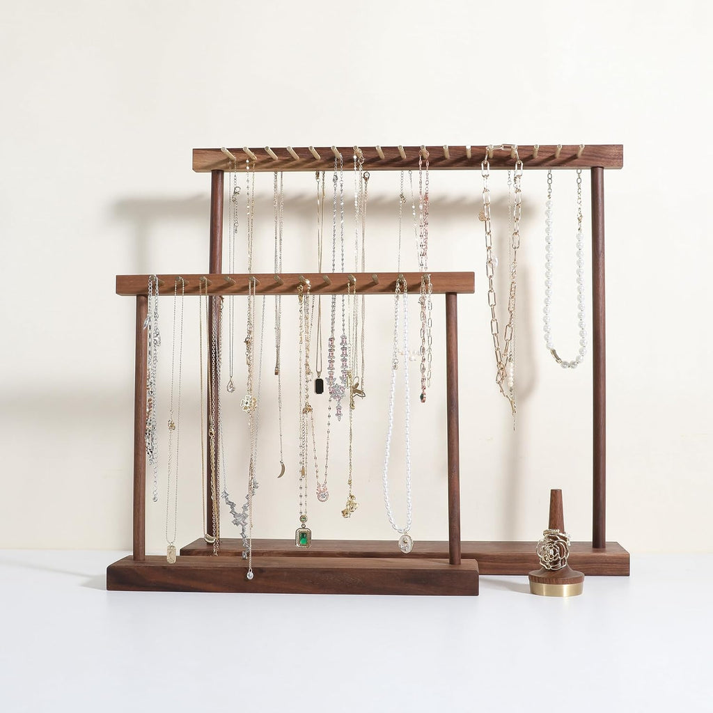 Large necklace hanger shelf with 17 copper bars, Wooden jewelry storage organizer rack for hanger necklace bracelet, necklace display stand for boutique store【Walnut】