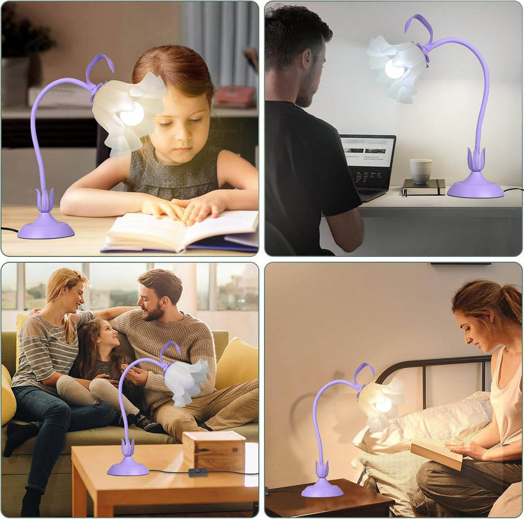 Flower Desk Lamp, LED Reading Light Flower Table Lamp, 3 Colors Flower Lamp for Girls Bedroom, Adjustable Flexible Nightstand Lamps, Bedside Table Lamp for Bedroom, Living Room, Home Decor (Purple)
