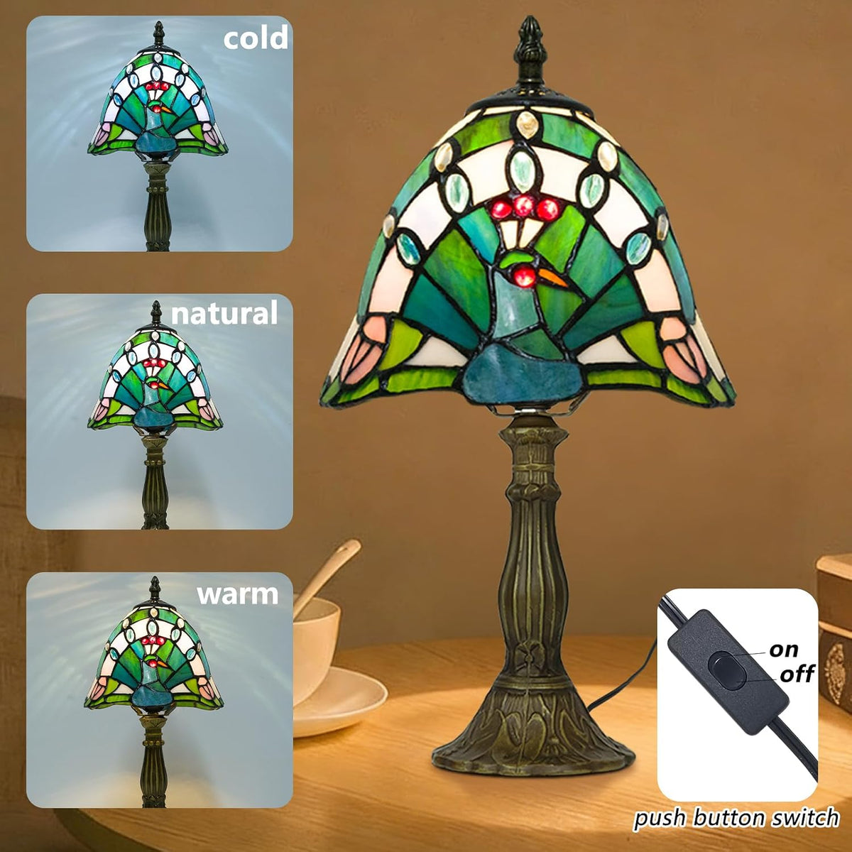 Small Tiffany Style Lamp,Green Peacock,3 Color Temperature,8 Inch