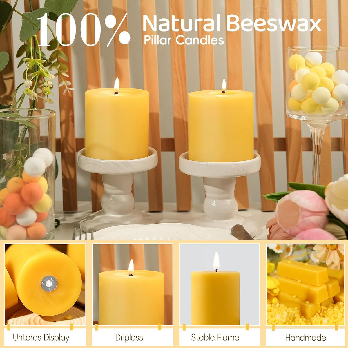 Natural Beeswax Pillar Candles,Non Toxic,2.8x3 inch,3 Pack,132 H Long Burn