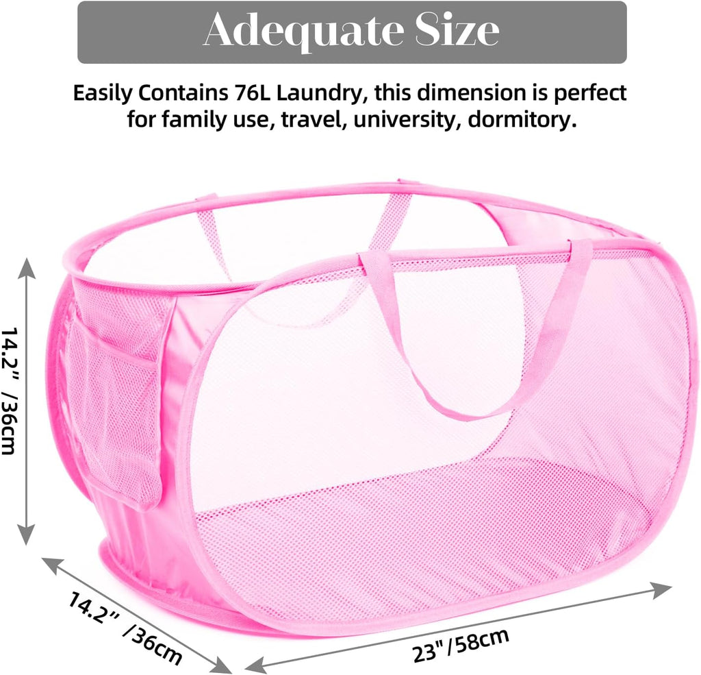 4 Pcs Durable Collapsible Laundry Baskets, Foldable Large Opening Pop Up Laundry Hamper with Pocket, Clothes Hamper with Handles for Laundry, Bathroom, Kids Room, Dorm or Travel Pink