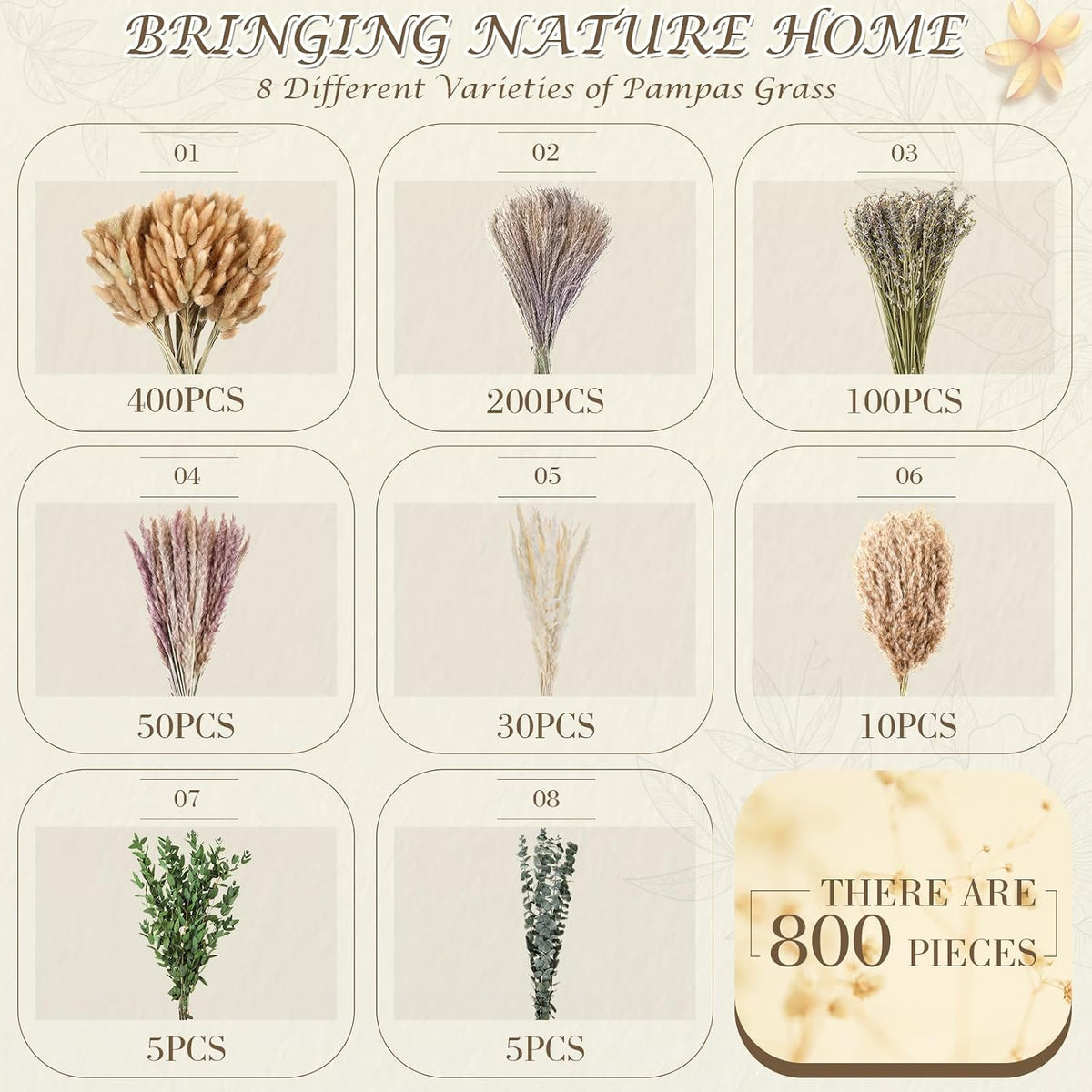 800 Pcs Boho Dried Pampas Grass Decor, Exquisite Lavender and Eucalyptus Dried Rustic Flowers Arrangements Bouquets for Your Bohemian Home, Bedroom, and Wedding Table Decoration