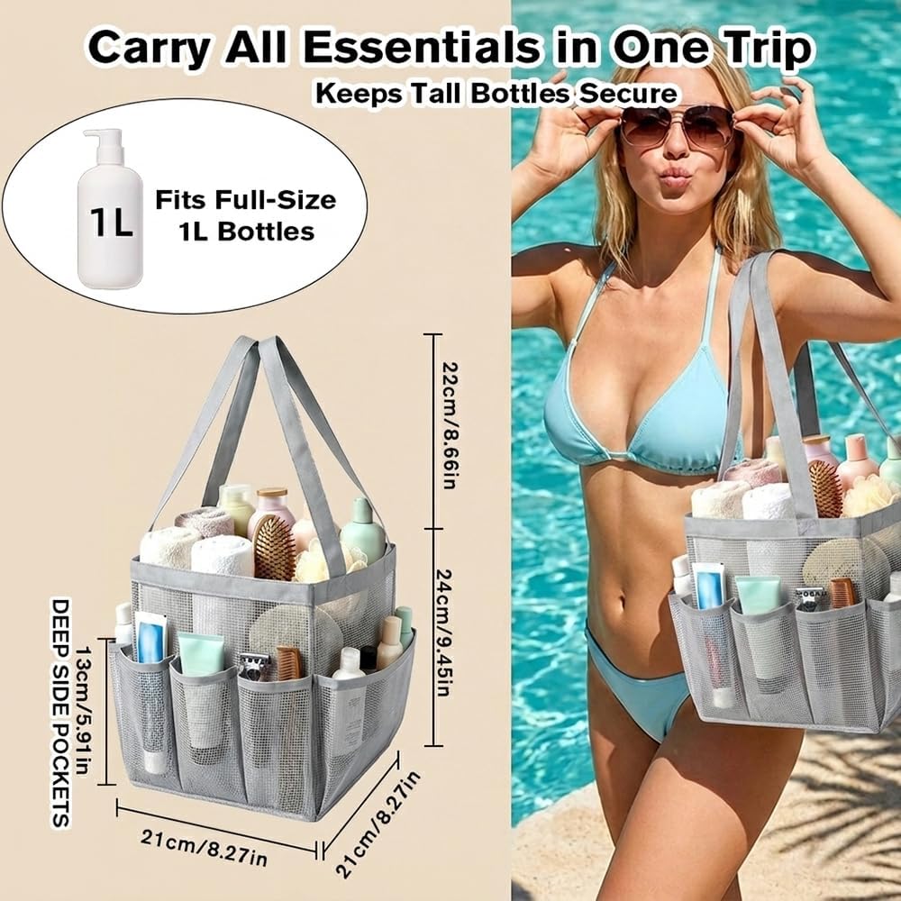 Mesh Shower Caddy Portable for College Dorm Room Essentials, Large Foldable Camp Travel Shower Bag with 9 Pockets, Quick Dry Bathroom Toiletry Tote Bag for Beach Swimming Gym Women Men (Grey)