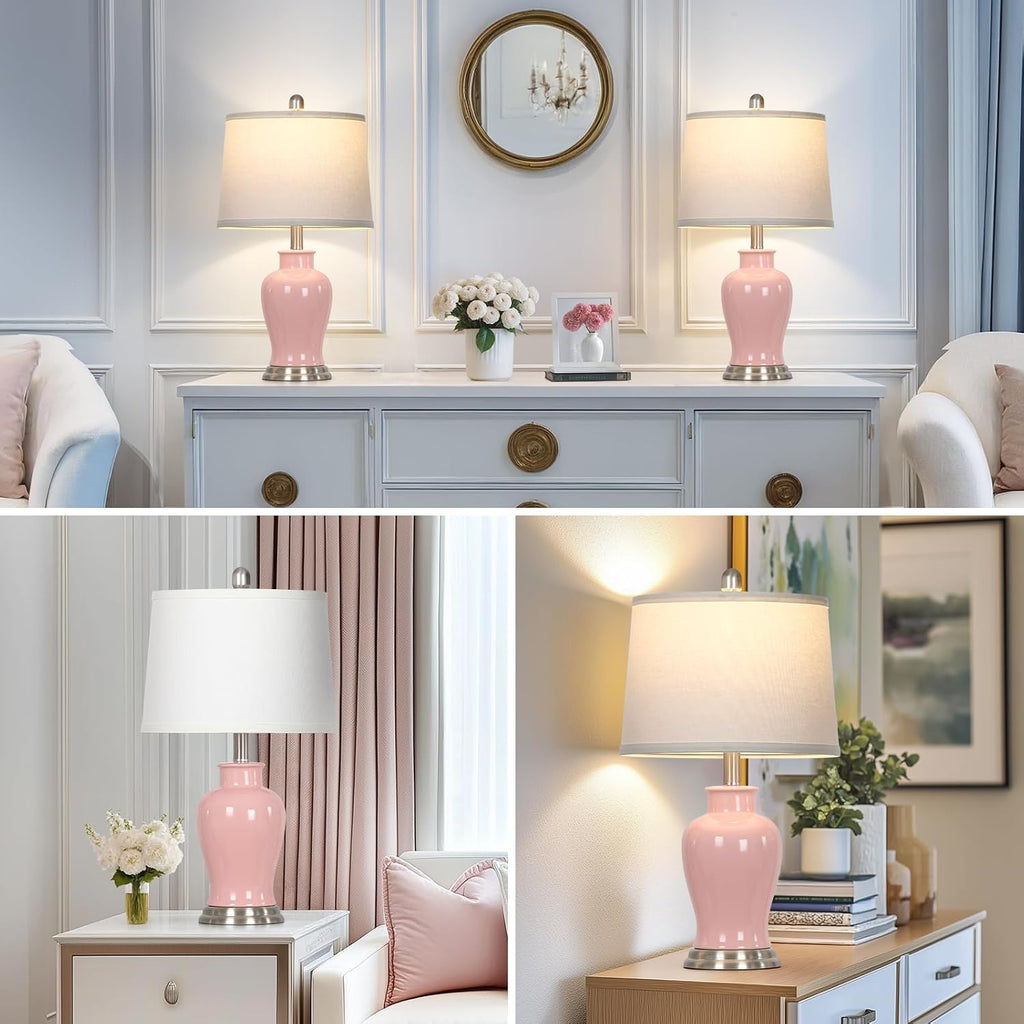 23" Ceramic Table Lamps Set of 2, Modern Ceramic Lamps for Living Room, Cute Bedside Lamps with Ginger Jar Design, Elegant Bedroom Lamps for Nightstand Dining Room Desk Side End Table Home Decor, Pink