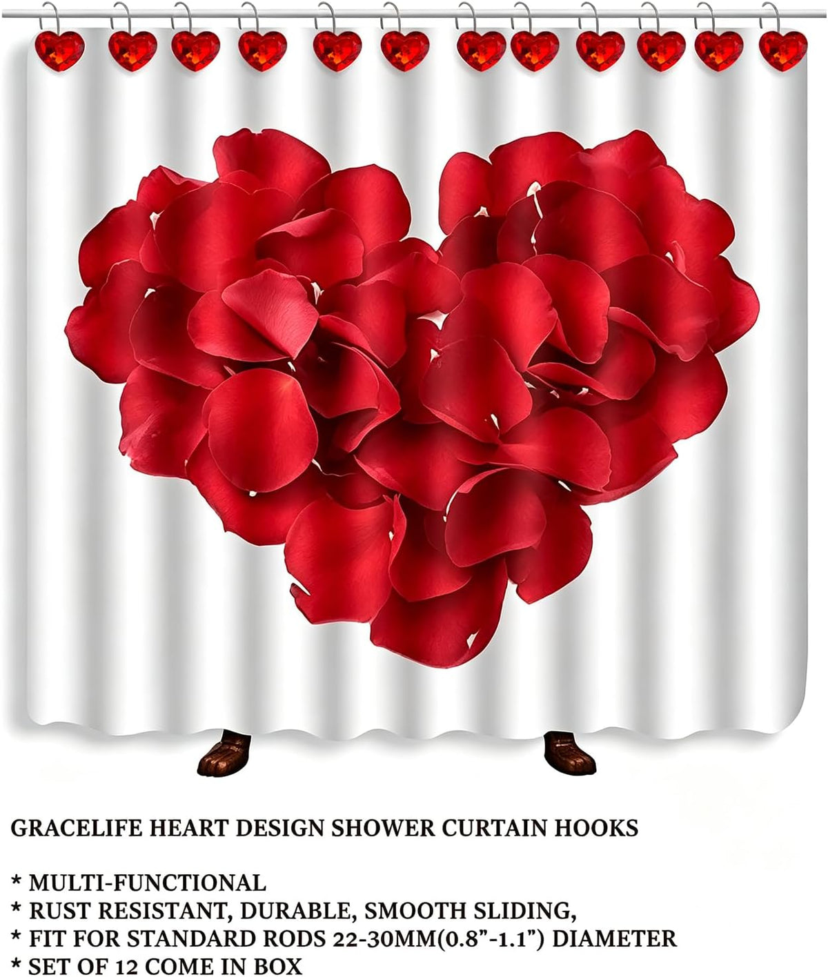 Grace life Set of 12 Heart Shape Clear Bling Rhinestone Shower Curtain Hooks Rings Love Icon Decorative Curtain Rod Hangers Pothook (Red)