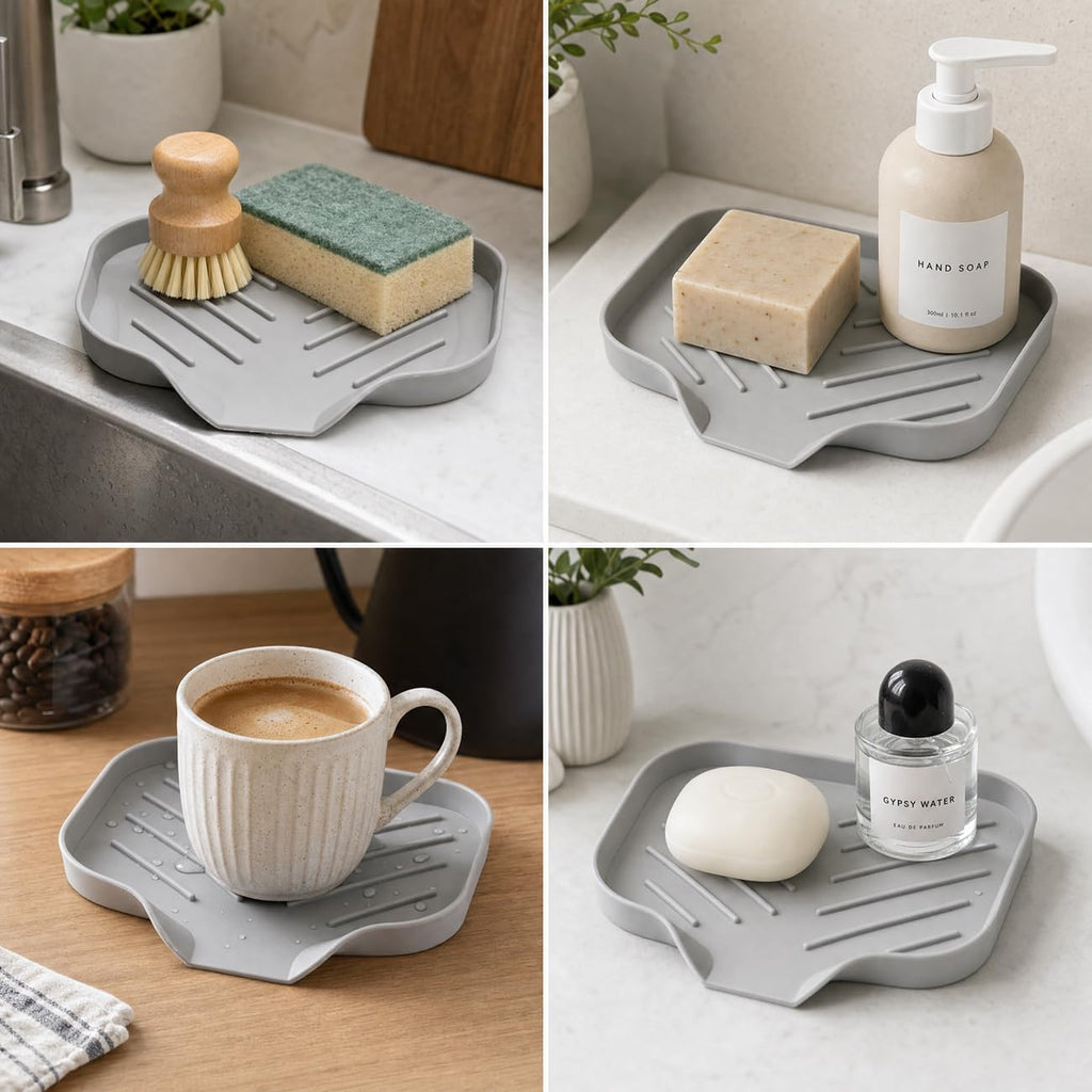 2 PCS Silicone Soap Dish with Drain, Soap Holder Sponge Drain Rack, Self-Draining Sink Organizer Tray for Kitchen & Bathroom