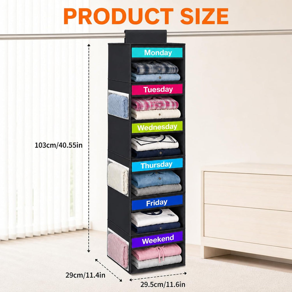 6 Shelf Weekly Clothes Organizer for Kids Days of The Week Outfits(Black)
