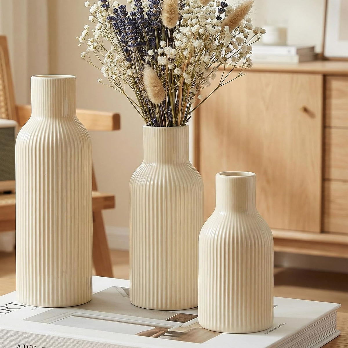 Beige Ceramic Flower Vases Set of 3, Modern Smooth Ribbed Texture, Nordic Minimalist Decor for Pampas, Dried & Fresh Flowers, Centerpiece for Living Room, Shelf, Entryway, Wedding
