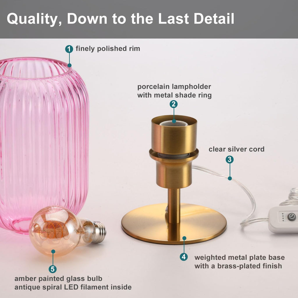 Mid Century Glass Table Lamp, Timer Build-In, Dimmable Desk Lamp, Pink