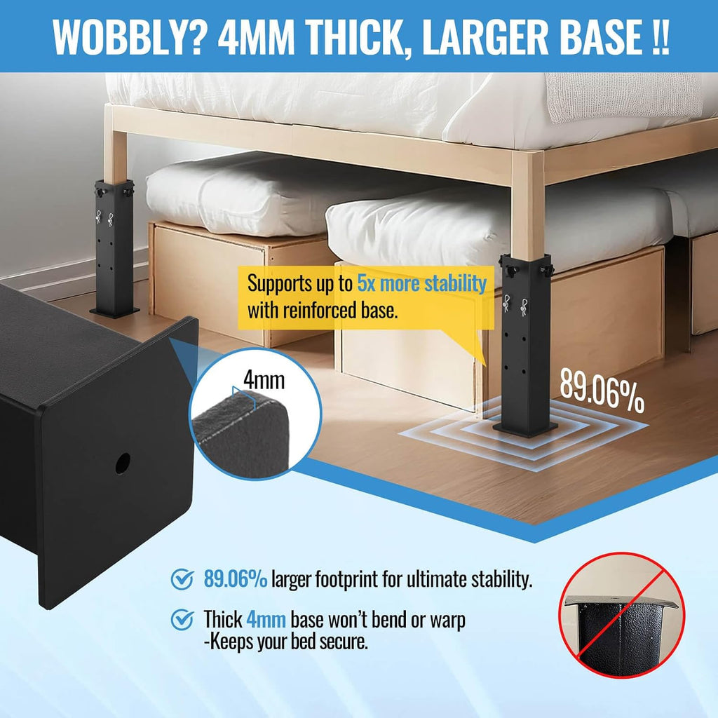 Heavy-Duty College Dorm Bed Risers with 0.16" Reinforced Base-17.98 LB (Black), Adjustable Heights (6", 9", 12"), Fits Wooden Bed Legs 1.5" to 3", Thicker Steel Dorm Bed Leg Risers