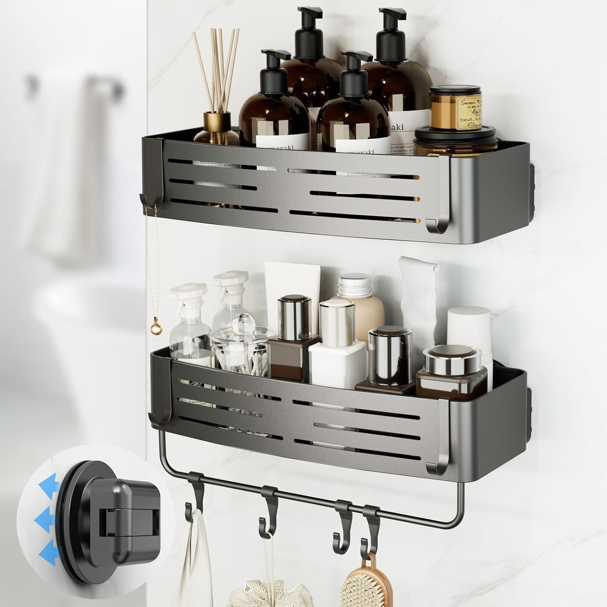 Onemake Shower Caddy Suction Cup, 2 Pack Shower Shelf with Hooks for Bath