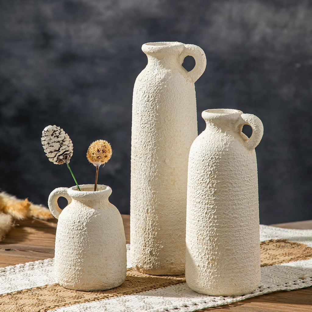 Ceramic Vases Set of 3, White Neutral Rustic Farmhouse Pottery Vase
