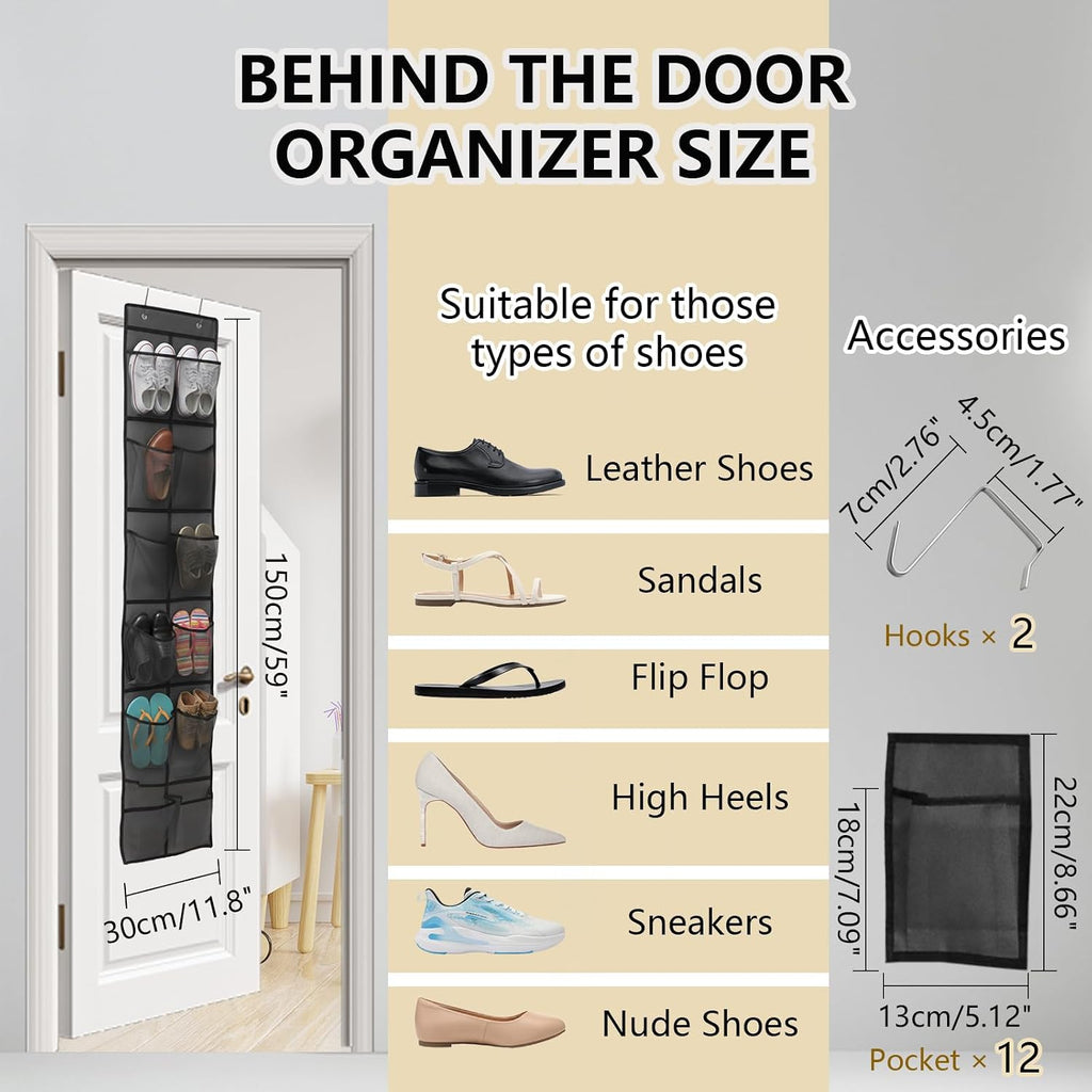 Over the Door Shoe Organizer, 12 Mesh Pockets, Gray, 4 Metal Hooks