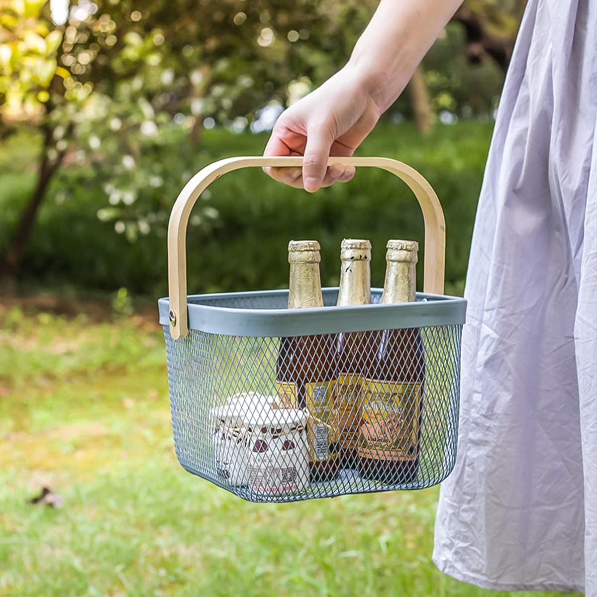 Mesh Steel Storage Organizer Basket Fruit Basket Bin with Wood Handle Ideal for Kitchen Bathroom Picnic Baskets Pantry Cabinets Storage Home Decor (Light Blue)