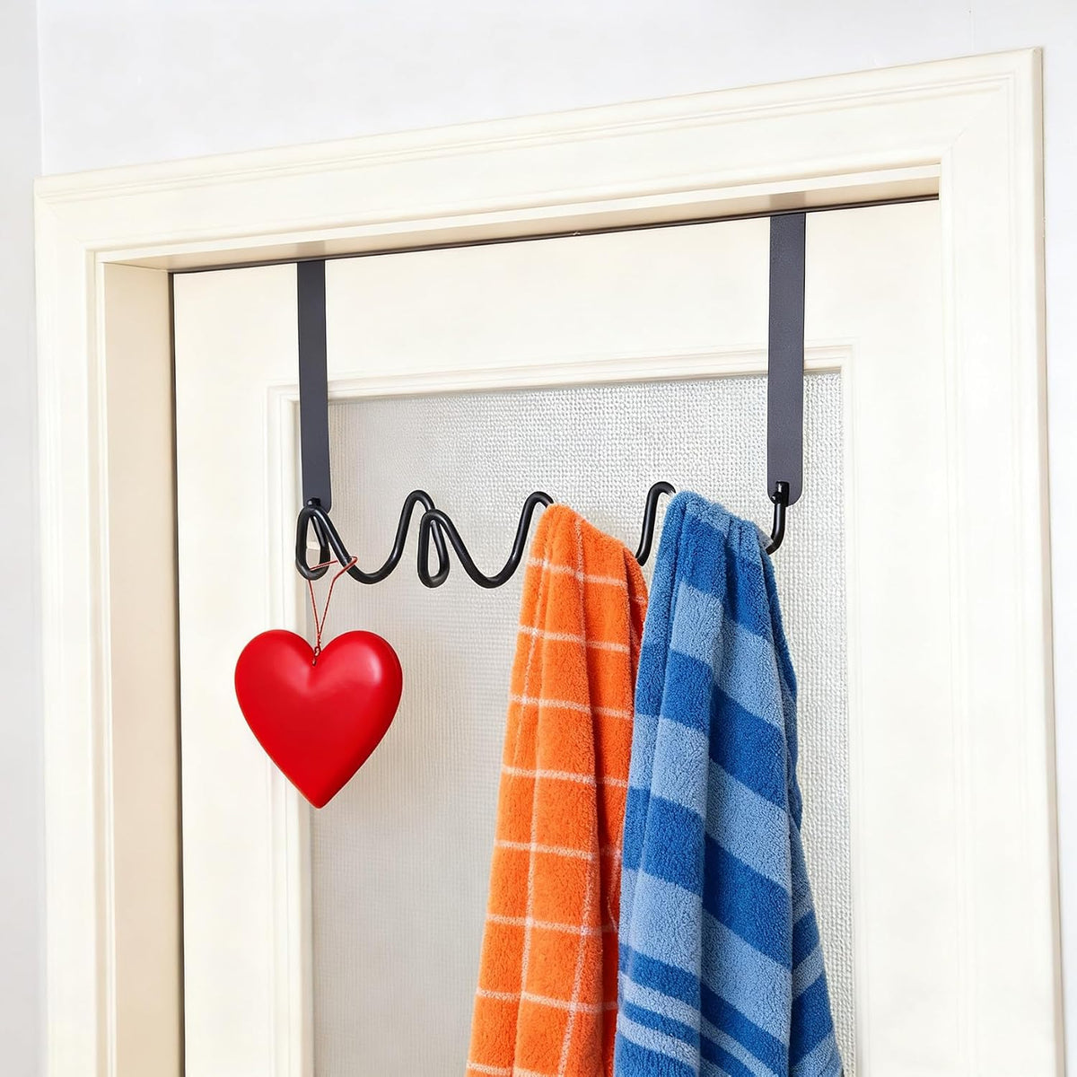 Wave Shaped Over The Door Hook, Metal Door Hanging Rack with 4 Hooks, Black