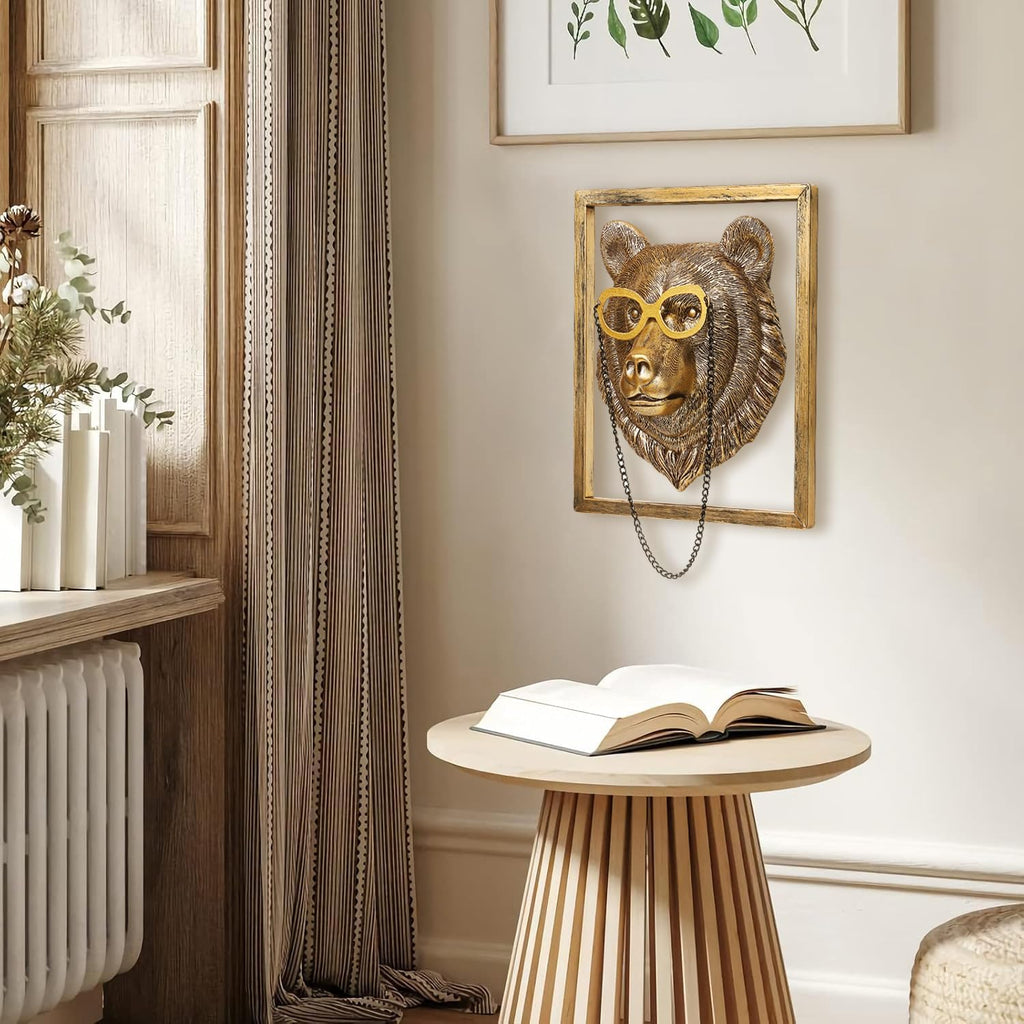 Newinhome Animal Heads Wall Decor (Includes Metal Frame) Resin Animals Sculptures Head Wall Hanging Decoration Gold vintage Wall Sculpture for Living Room Bedroom Office(Bear)