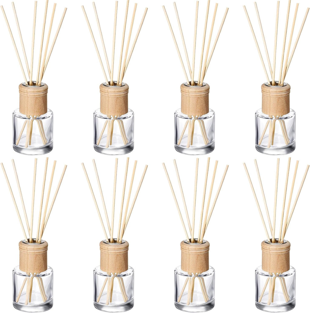 Roshtia 8 Set Reed Diffuser Bottle Empty Refillable Fragrance Glass Diffuser Bottles Set with Wooden Caps Sticks 50ml 1.7 oz Round Glass Jars for DIY Fragrance
