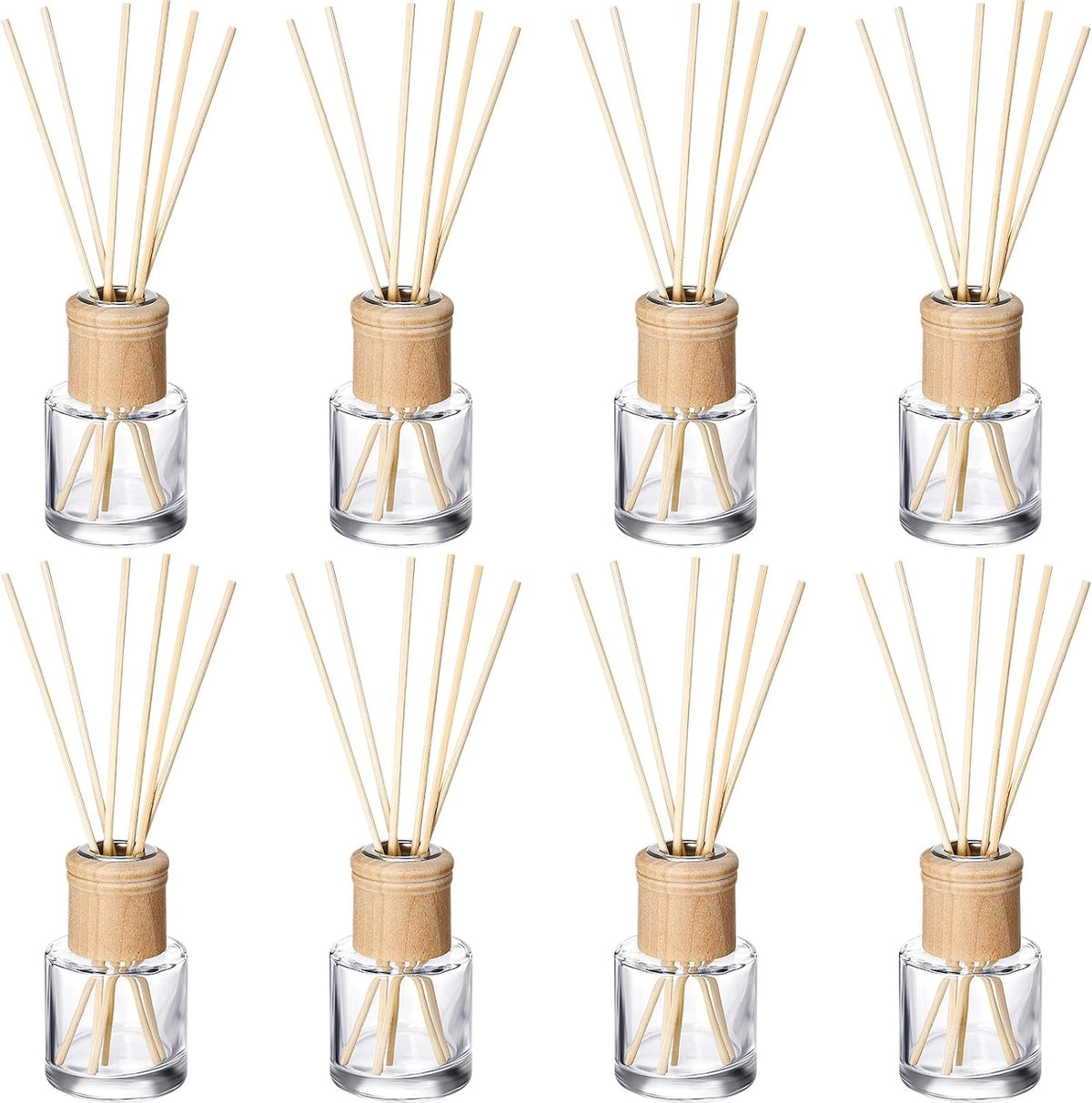 Roshtia 8 Set Reed Diffuser Bottle Empty Refillable Fragrance Glass Diffuser Bottles Set with Wooden Caps Sticks 50ml 1.7 oz Round Glass Jars for DIY Fragrance