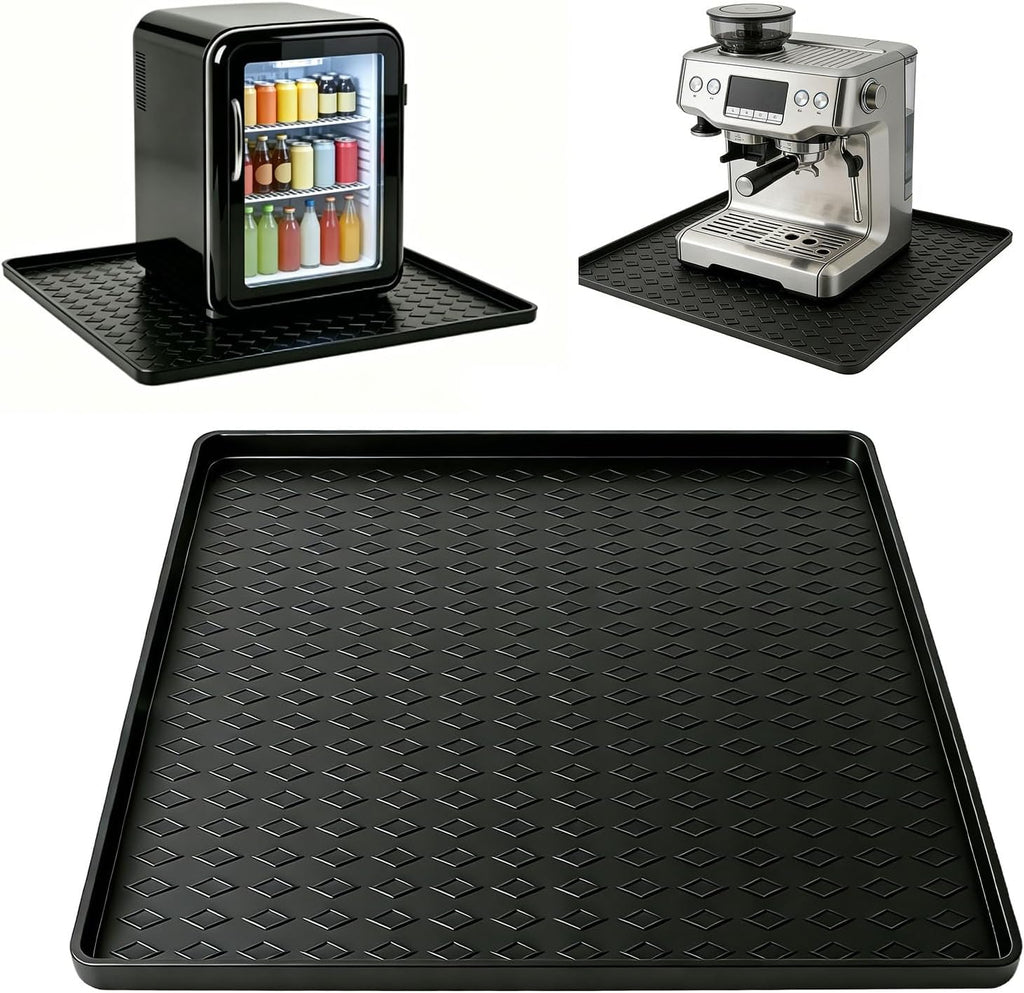 Silicone Mini Fridge Mat Refrigerator Floor Protector Drip Tray with Raised Edges Waterproof Non-Slip Appliance Pad Mini Fridge Mat for Carpet Washing Machine Water Cooler 23.6"x23.6" Black