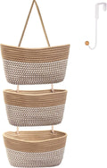 Over the Door Hanging Basket for Organizing 3 Tiers Woven Cotton Rope Wall Mount Storage basket Decorative Kitchen Hanging Organizer Bathroom include 1 door hook Flaxen Stripe