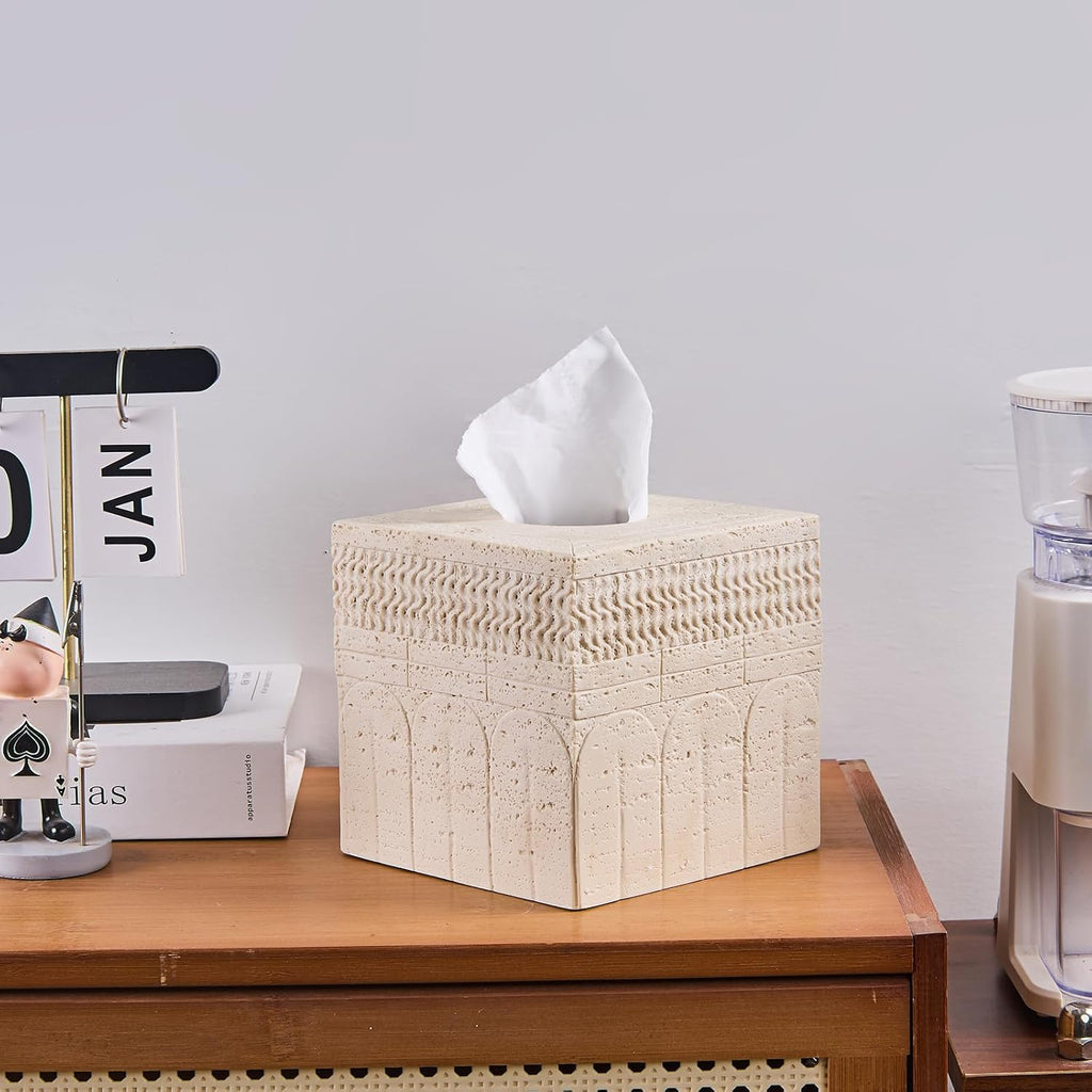Travertine Tissue Box Cover – Classic Carved Square Resin Tissue Box Holder – Heavy Duty Decorative Home & Bathroom Decor for Countertop, Tabletop, Night Stand, Office – Beige