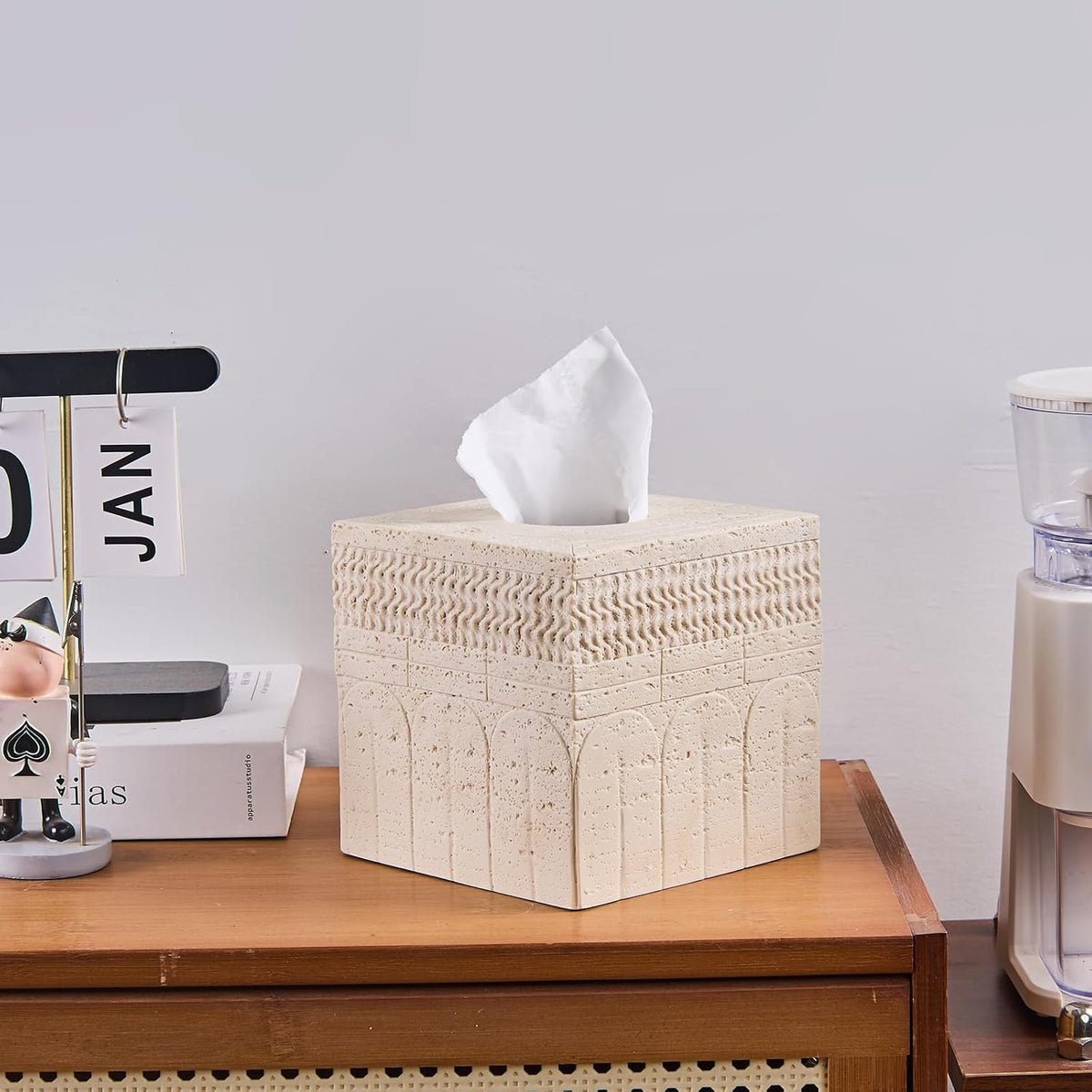 Travertine Tissue Box Cover – Classic Carved Square Resin Tissue Box Holder – Heavy Duty Decorative Home & Bathroom Decor for Countertop, Tabletop, Night Stand, Office – Beige
