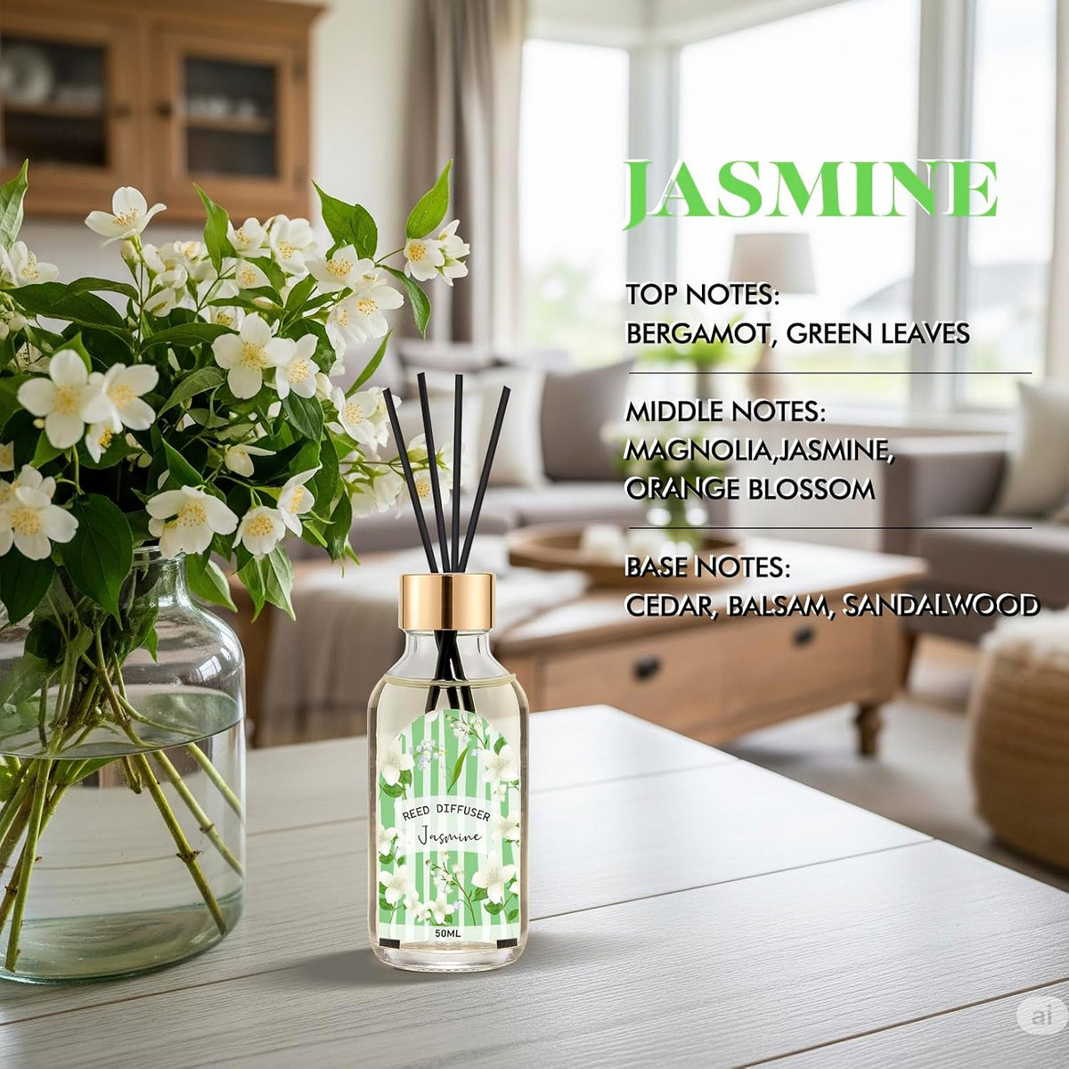 Reed Diffuser of 3 Pack, Linen Eucalyptus Jasmine Oil Diffuser Set with 15 Sticks, Bathroom Air Freshener, Aromatherapy Reed Diffusers for Home, Office, 1.7 Fl. Oz Each, Total 5.1 Fl. Oz