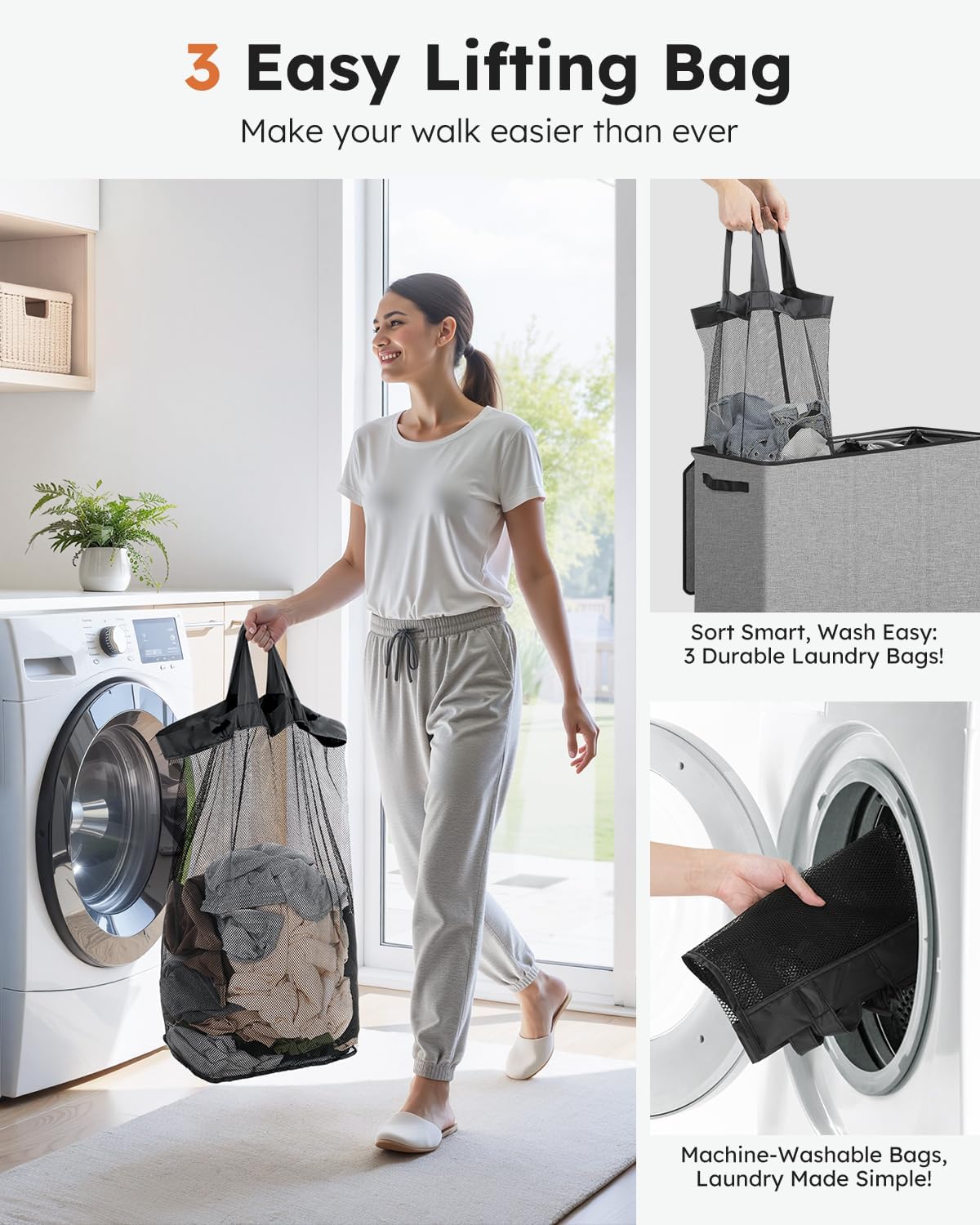 SOLEDI Large Laundry hamper 3 Section with Lid, 180L Laundry Basket, Grey