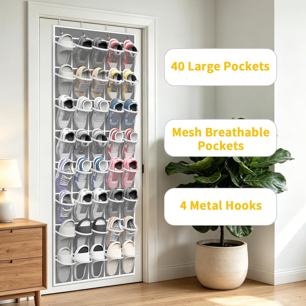 SAVERHO 40 Large Pockets Over the Door Shoe Organizer,Space-Saving Mesh Hanging Shoe Rack for Door Shoe Holder Large Size 76.4" x 27.5" Ideal for Closet & Door Storage (Grey)