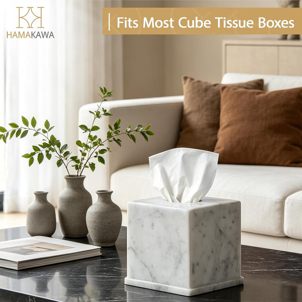 Natural Marble Tissue Box Cover, Carrara White Tissue Organizer
